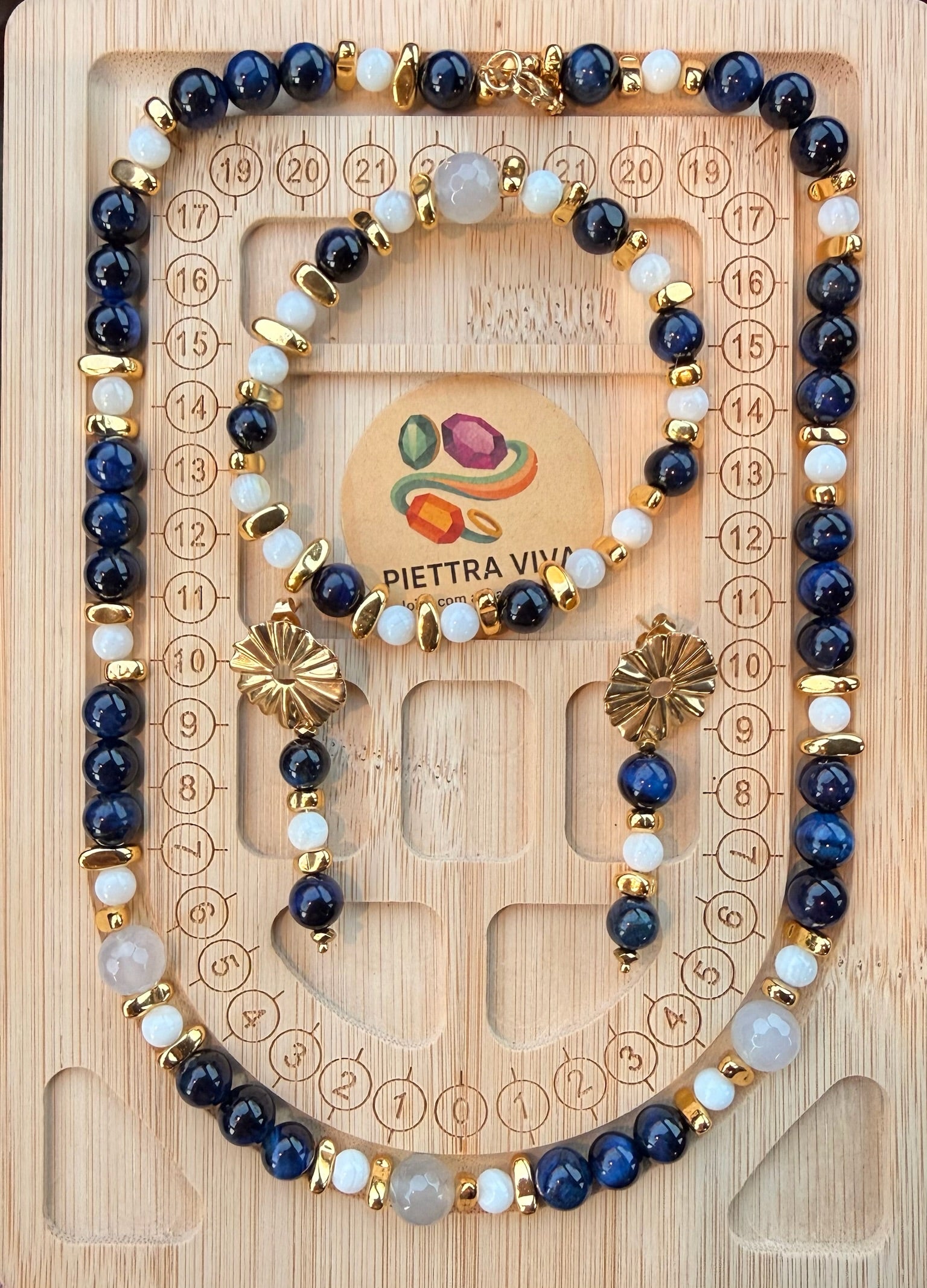 Conjunto de Olho de Tigre Azul, Quartzo Azul, Nacar e Hematitas Douradas